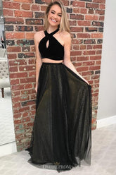 Black Two-Piece Prom Dress with Keyhole Halter Top